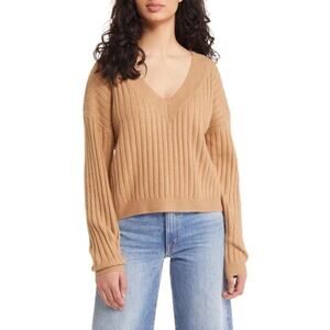 Open Edit Tan V-Neck Ribbed Knit Long Sleeve Drop Shoulder Pullover Sweater XL